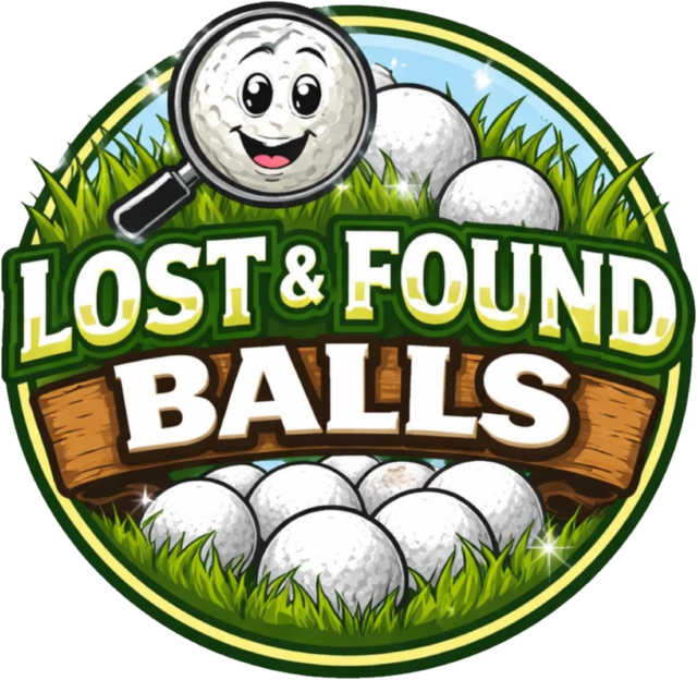 Lost & Found Balls badge: a golf ball under a magnifying glass on green grass with a wooden Balls banner